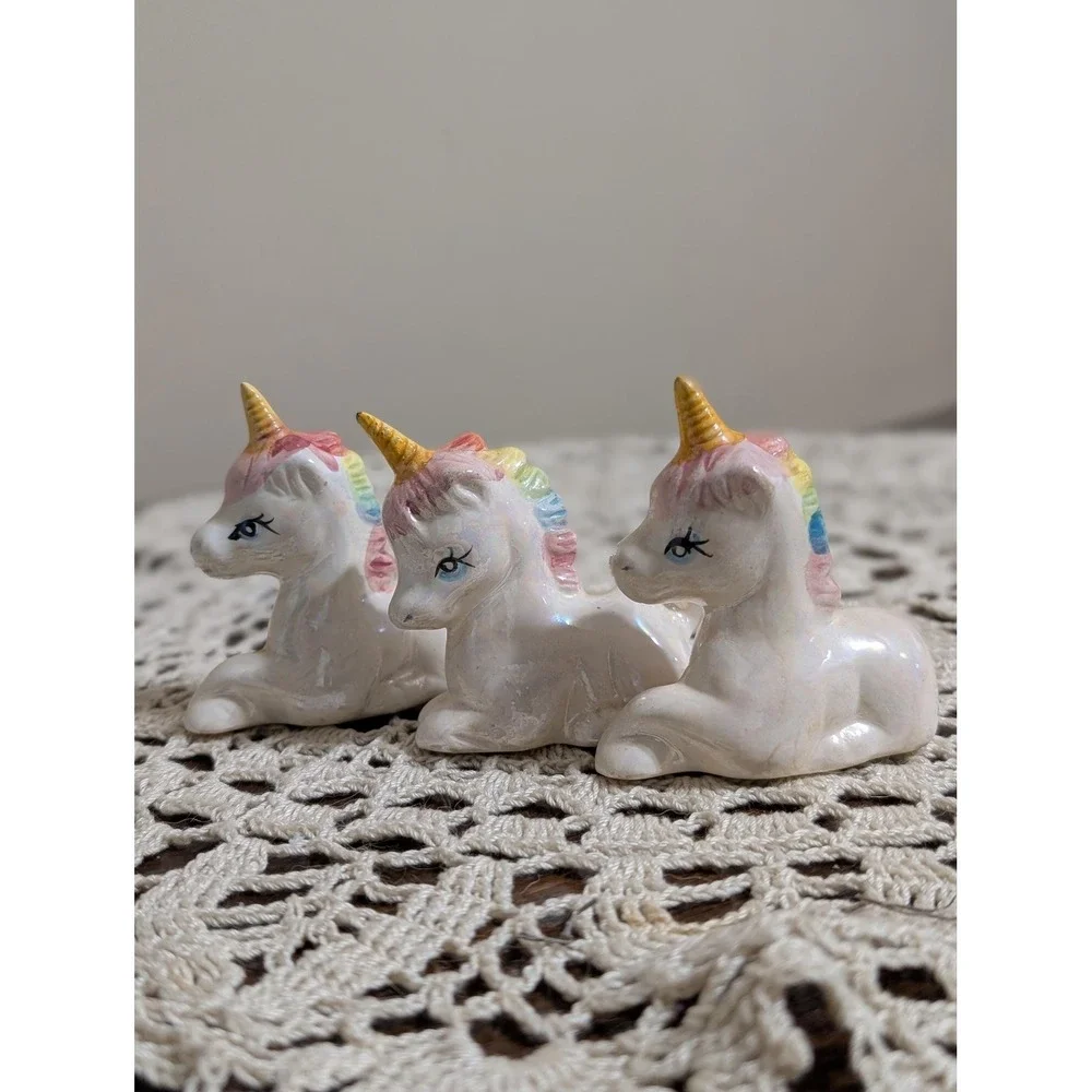3 Vintage namco Unicorn Ceramic Mythical Creature w/ Horn Rainbow 3